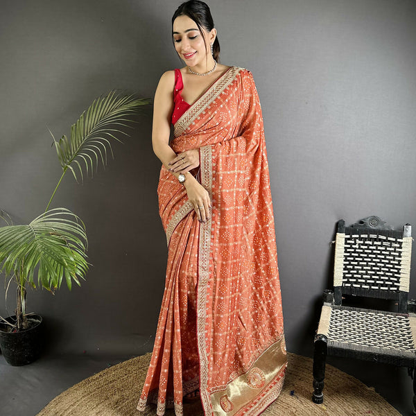 Joban Fashion Peach Bandhej Bandhani Vichitra Silk Bandhani Prints Saree