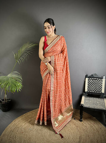 Joban Fashion Peach Bandhej Bandhani Vichitra Silk Bandhani Prints Saree - Distacart