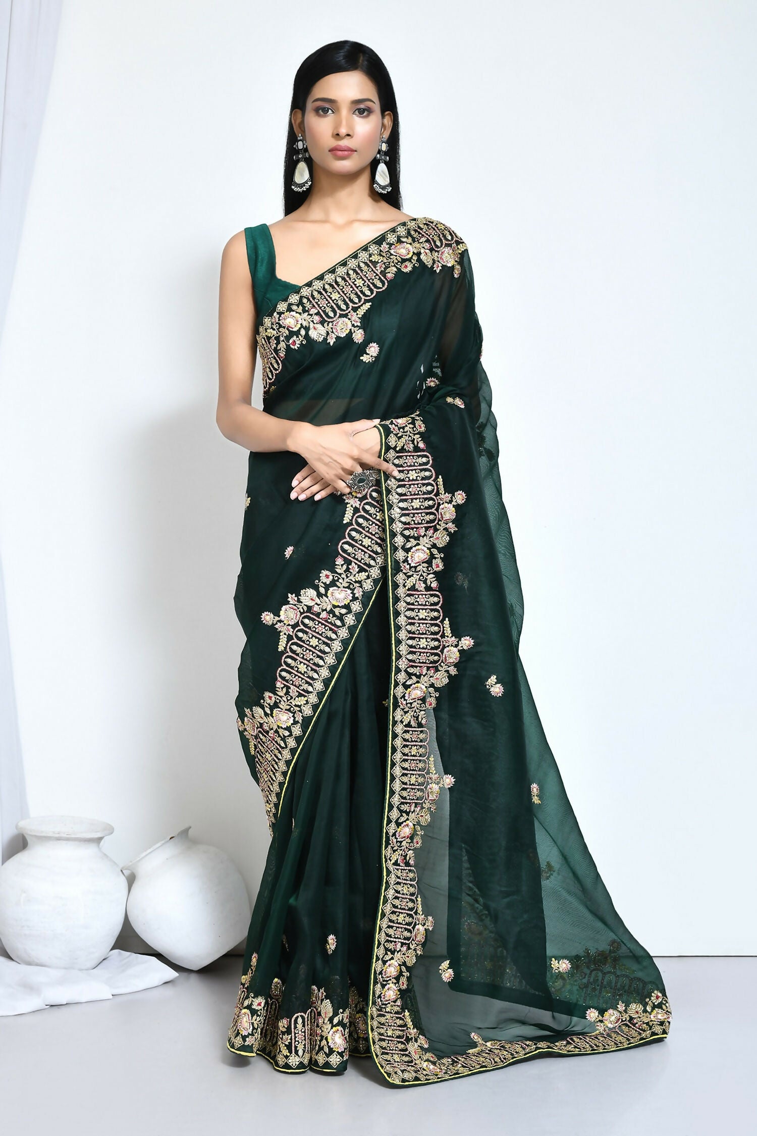 Green Organza Silk Embroidered With Stone Work Festive Saree - Nimaya Denzy - Distacart