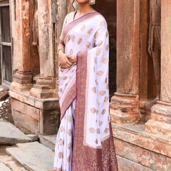 Joban Fashion Light Purple Crepe Chiffon Pure Handloom Banarasi Silk Saree - Dista