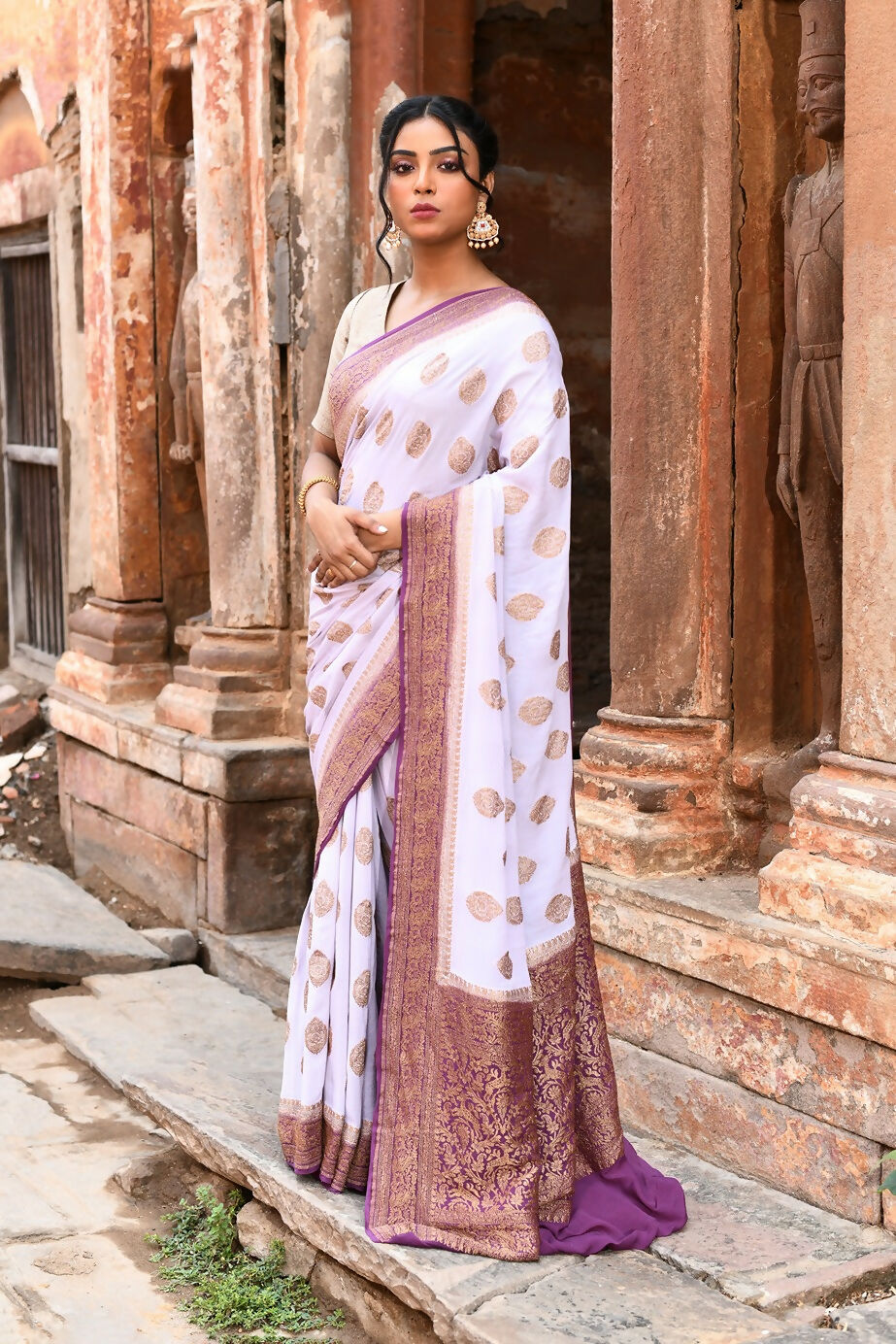 Joban Fashion Light Purple Crepe Chiffon Pure Handloom Banarasi Silk Saree - Dista
