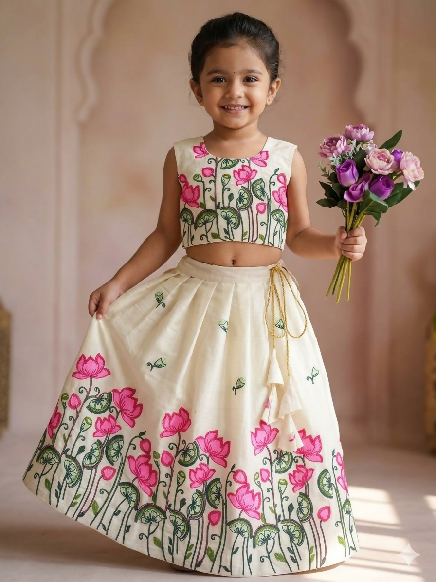 Teeya Creation New Latest Trendy Girls Off-White Lotus Floral Printed Silk Lehenga Choli Set With Tassels-White - Dista