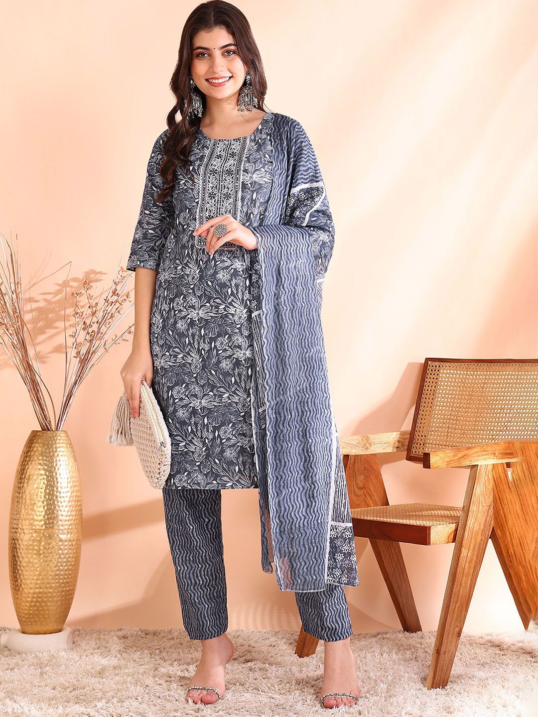 Ode by House of Pataudi Printed Mirror Work Pure Cotton Kurta With Trousers & Dupatta - Distacart