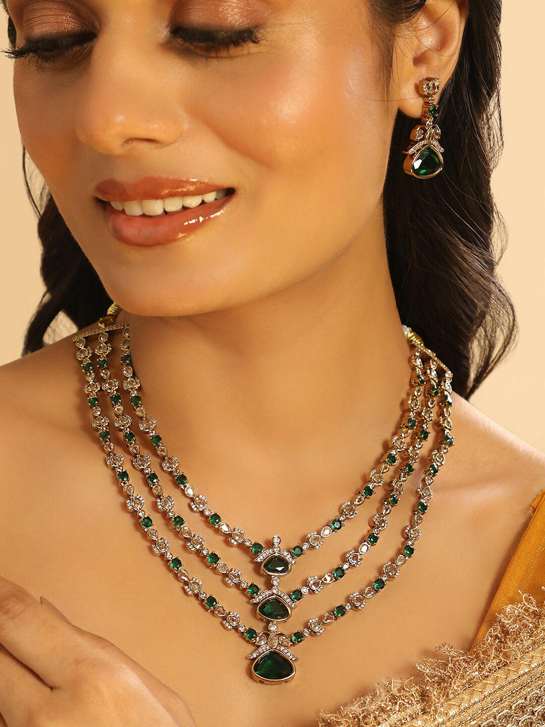 Nuyug 18K Gold Plated Emerald Elysian Layered Necklace Set