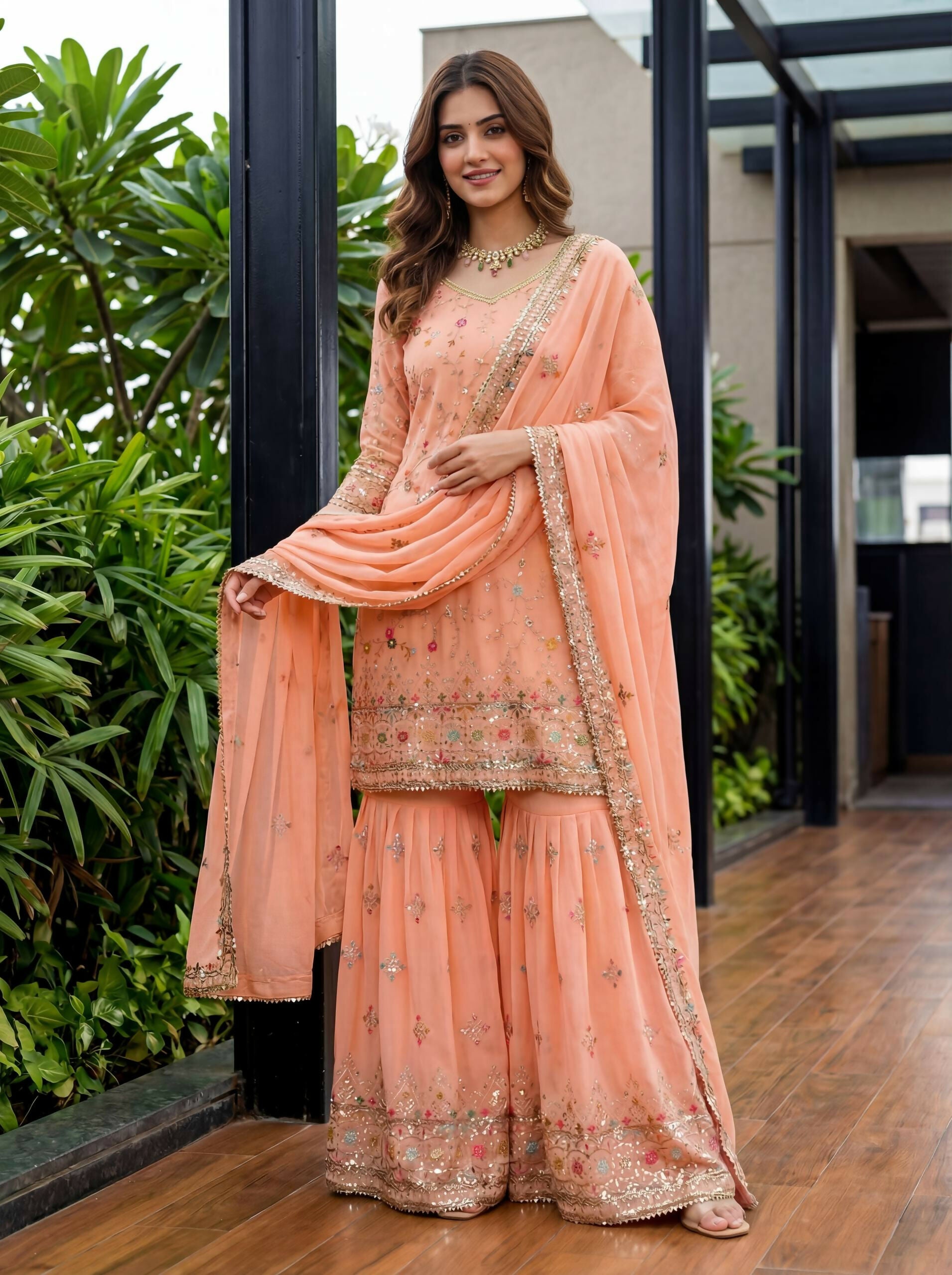Teeya Creation Fenta Faux Georgette Multi Thread Work Wedding Wear Sharara Set - Distacart