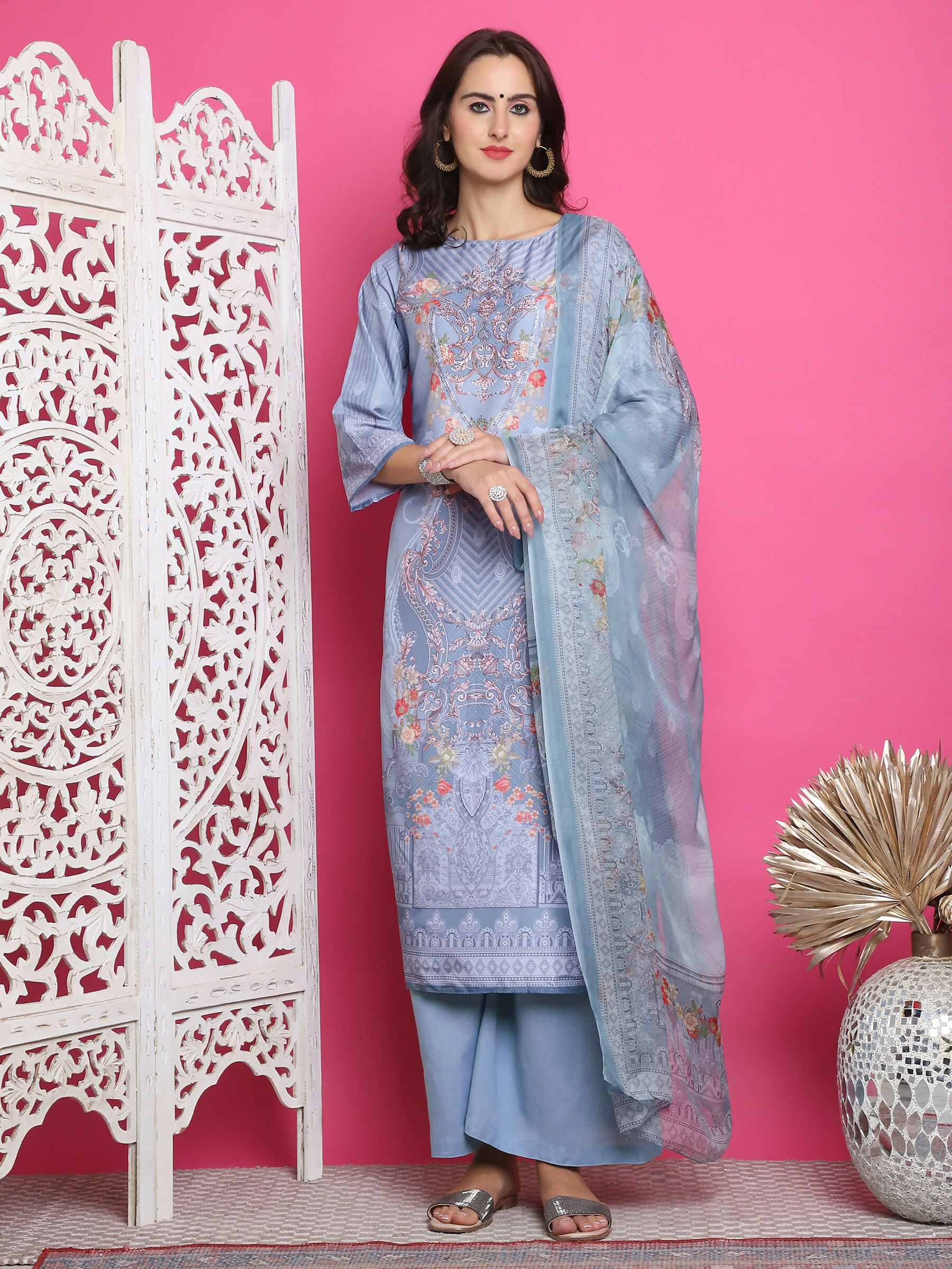 Jyoti Fashion Women's Grey Satin Traditional Digital Print with Crystal work Kurta with Trouser & Dupatta - Distacart