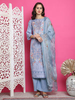 Thumbnail for Jyoti Fashion Women's Grey Satin Traditional Digital Print with Crystal work Kurta with Trouser & Dupatta - Distacart