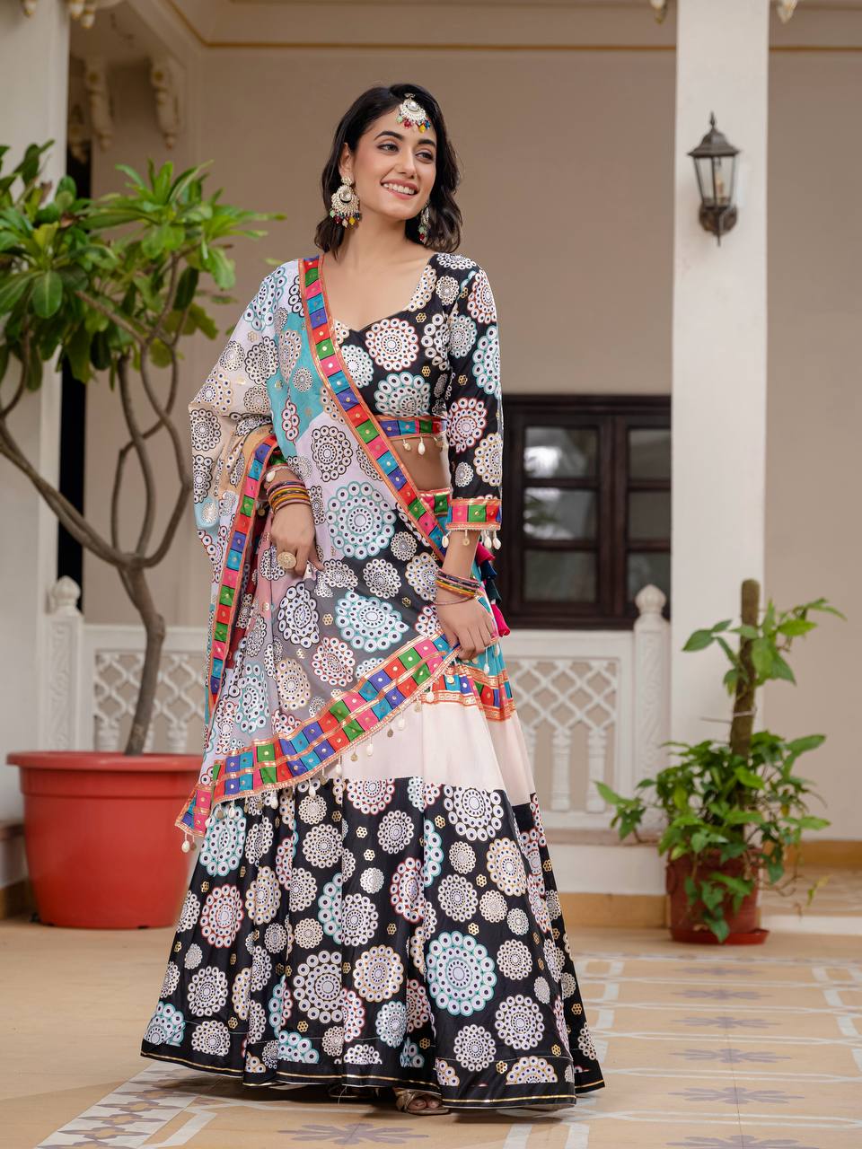 Teeya Creation Multi Colour Creap Silk Navratry Special Lehenga Choli