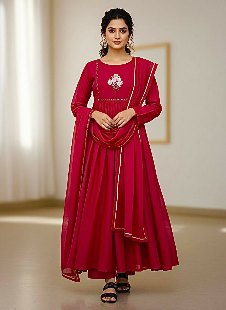 Teeya Creation Womens New Simply Wear Pure Mul Viscos Chanderi Cotton Red Gown Set - Dista