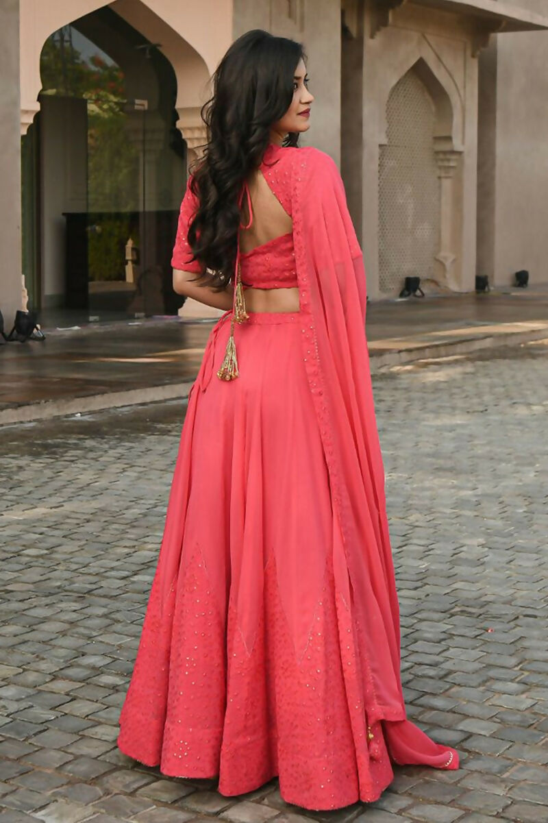 Jyoti Fashion Gajri Thread Embroidery Georgette Lehenga Choli with Dupatta - Distacart