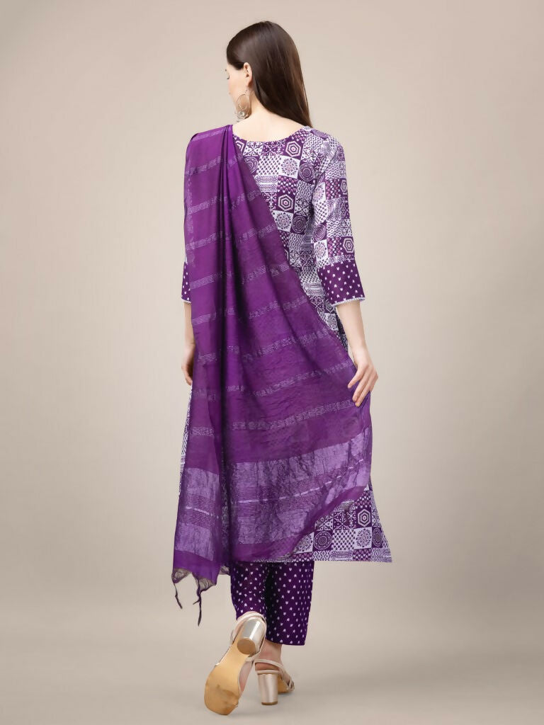 Jyoti Fashion Women's Purple Rayon Print with Embroidery & Fancy Lace Work Kurta with Trouser & Dupatta - Distacart