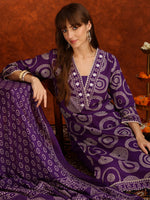 Thumbnail for Embroidered & Printed Cotton Kurta With Pant And Dupatta, Purple - Hiral Fashion - Distacart