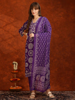 Thumbnail for Embroidered & Printed Cotton Kurta With Pant And Dupatta, Purple - Hiral Fashion - Distacart