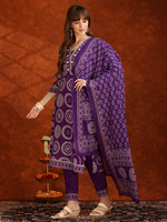 Thumbnail for Embroidered & Printed Cotton Kurta With Pant And Dupatta, Purple - Hiral Fashion - Distacart