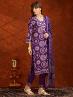 Thumbnail for Embroidered & Printed Cotton Kurta With Pant And Dupatta, Purple - Hiral Fashion - Distacart