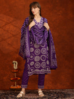 Thumbnail for Embroidered & Printed Cotton Kurta With Pant And Dupatta, Purple - Hiral Fashion - Distacart