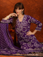 Thumbnail for Embroidered & Printed Cotton Kurta With Pant And Dupatta, Purple - Hiral Fashion - Distacart
