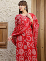Thumbnail for Embroidered & Printed Cotton Kurta With Pant And Dupatta, Red - Hiral Fashion - Distacart