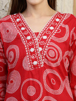 Thumbnail for Embroidered & Printed Cotton Kurta With Pant And Dupatta, Red - Hiral Fashion - Distacart