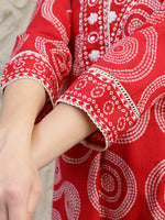 Thumbnail for Embroidered & Printed Cotton Kurta With Pant And Dupatta, Red - Hiral Fashion - Distacart