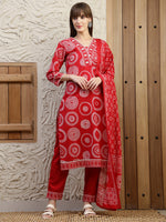 Thumbnail for Embroidered & Printed Cotton Kurta With Pant And Dupatta, Red - Hiral Fashion - Distacart