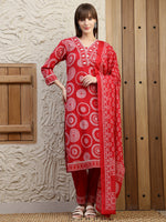 Thumbnail for Embroidered & Printed Cotton Kurta With Pant And Dupatta, Red - Hiral Fashion - Distacart