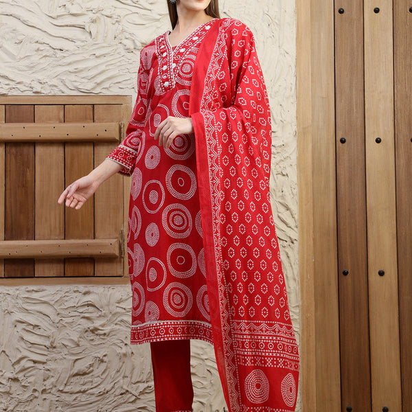 Embroidered & Printed Cotton Kurta With Pant And Dupatta, Red - Hiral Fashion - Distacart