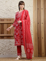 Thumbnail for Embroidered & Printed Cotton Kurta With Pant And Dupatta, Red - Hiral Fashion - Distacart