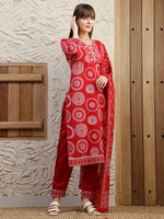 Thumbnail for Embroidered & Printed Cotton Kurta With Pant And Dupatta, Red - Hiral Fashion - Distacart