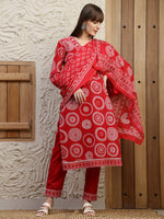 Thumbnail for Embroidered & Printed Cotton Kurta With Pant And Dupatta, Red - Hiral Fashion - Distacart