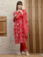 Thumbnail for Embroidered & Printed Cotton Kurta With Pant And Dupatta, Red - Hiral Fashion - Distacart