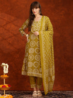 Thumbnail for Embroidered & Printed Cotton Kurta With Pant And Dupatta, Yellow - Hiral Fashion - Distacart