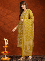 Thumbnail for Embroidered & Printed Cotton Kurta With Pant And Dupatta, Yellow - Hiral Fashion - Distacart