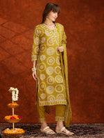 Thumbnail for Embroidered & Printed Cotton Kurta With Pant And Dupatta, Yellow - Hiral Fashion - Distacart