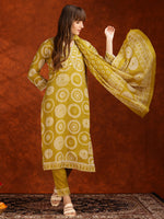 Thumbnail for Embroidered & Printed Cotton Kurta With Pant And Dupatta, Yellow - Hiral Fashion - Distacart