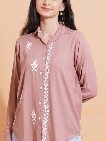 Pahnaz Modal Chikankari Handwork Shirt-Brown - Dista