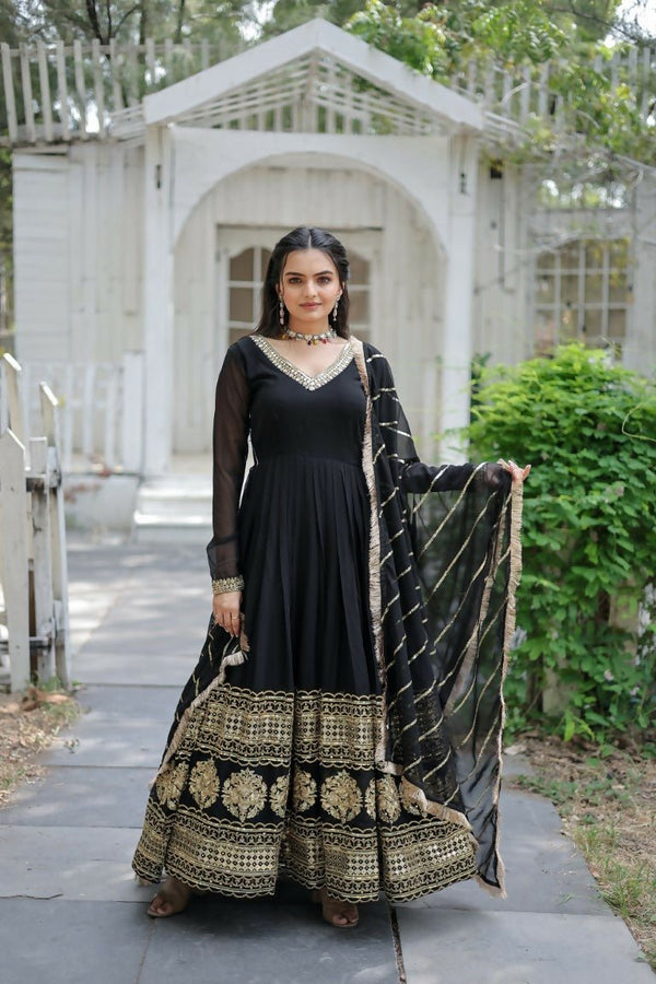 Aastha Fashion Women's Black Faux Georgette Sequins Embroidered Anarkali Dress with Dupatta - Distacart
