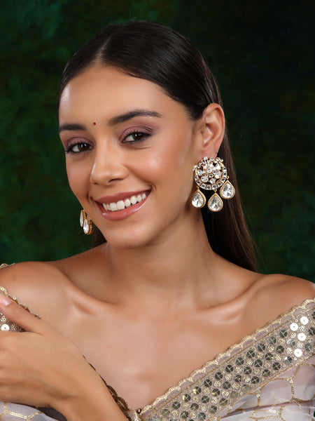 Chand Kundan Earrings with Teardrops - Ruby Raang