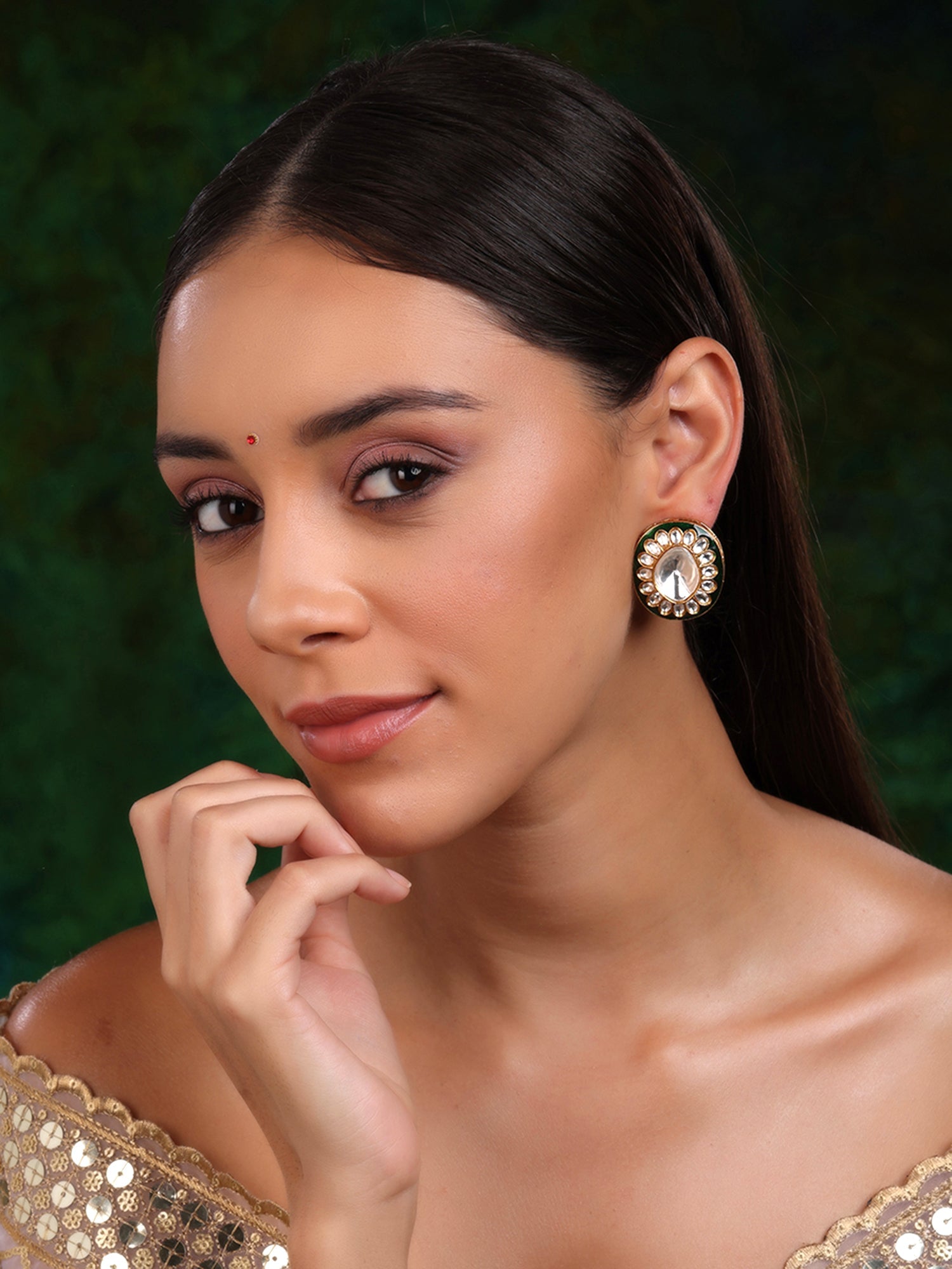 Meenakari Oversized Green Meenakari Studs - Ruby Raang - Distacart