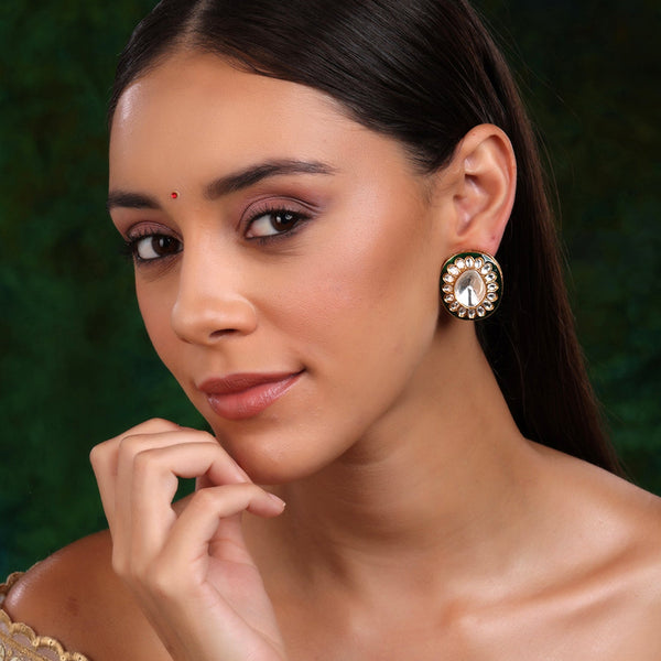 Meenakari Oversized Green Meenakari Studs - Ruby Raang - Distacart