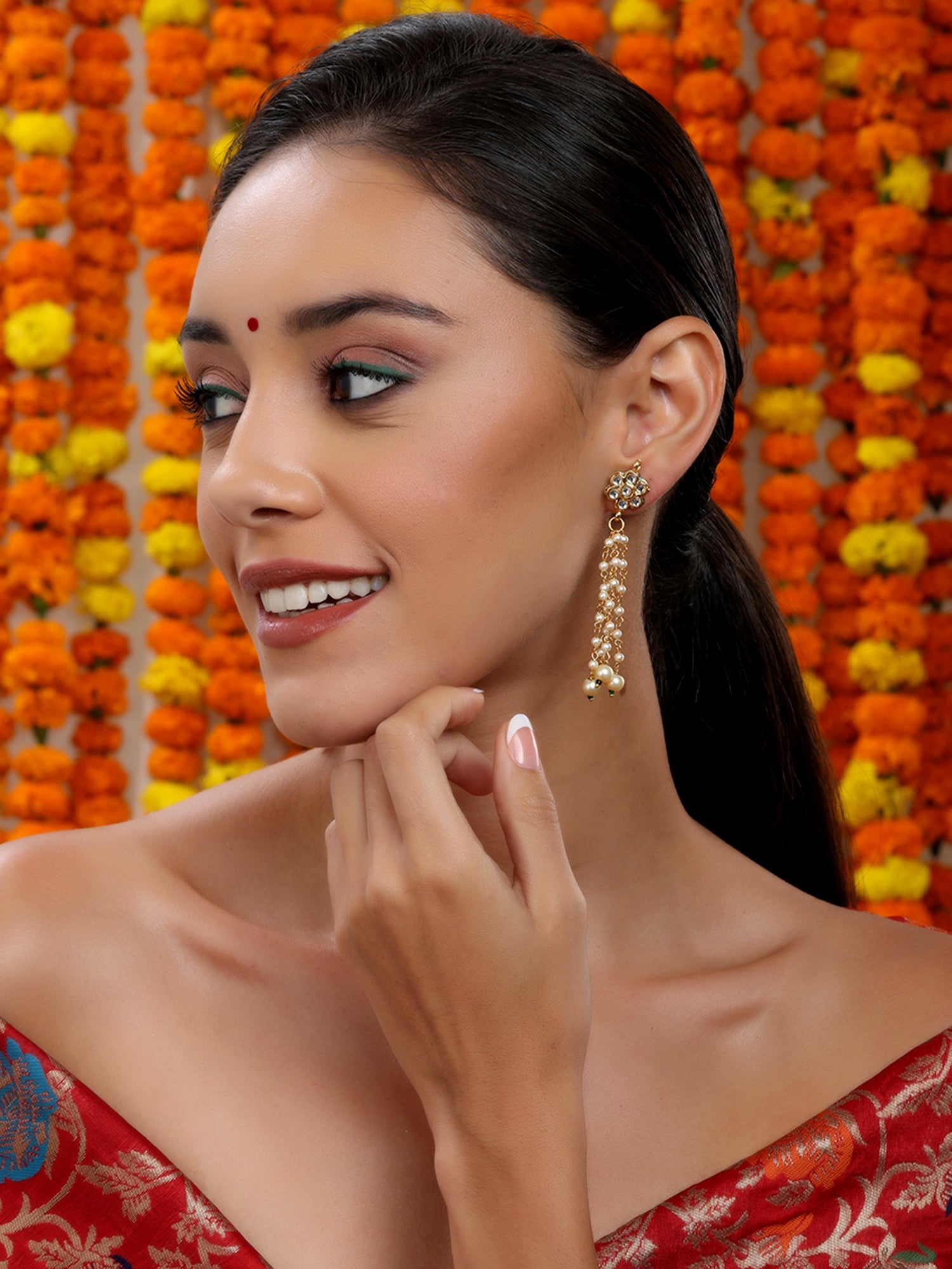 Long Dangler Kundan & Pearl Earrings - Ruby Raang - Distacart