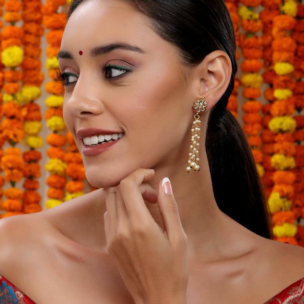 Long Dangler Kundan & Pearl Earrings - Ruby Raang - Distacart