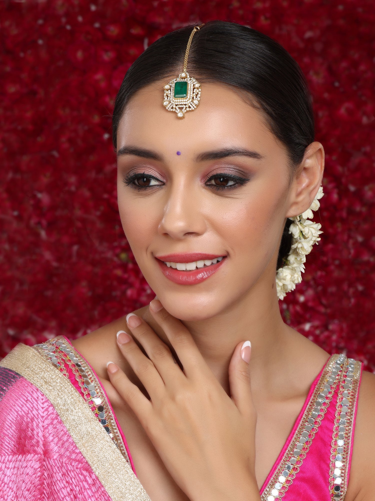 Kundan Maang Tikka with Diamonds & Emerald Stone - Ruby Raang - Distacart