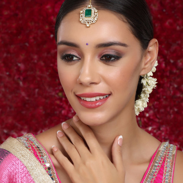Kundan Maang Tikka with Diamonds & Emerald Stone - Ruby Raang - Distacart
