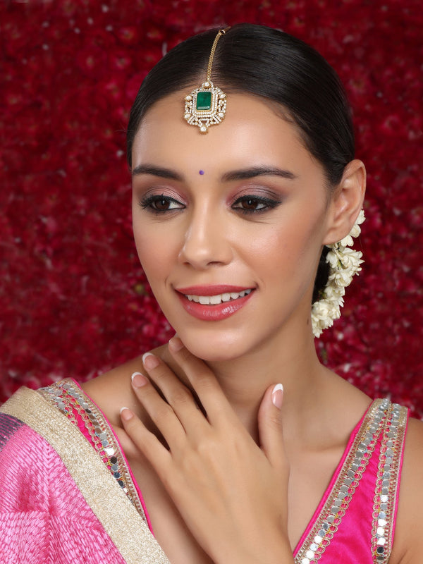 Kundan Maang Tikka with Diamonds & Emerald Stone - Ruby Raang
