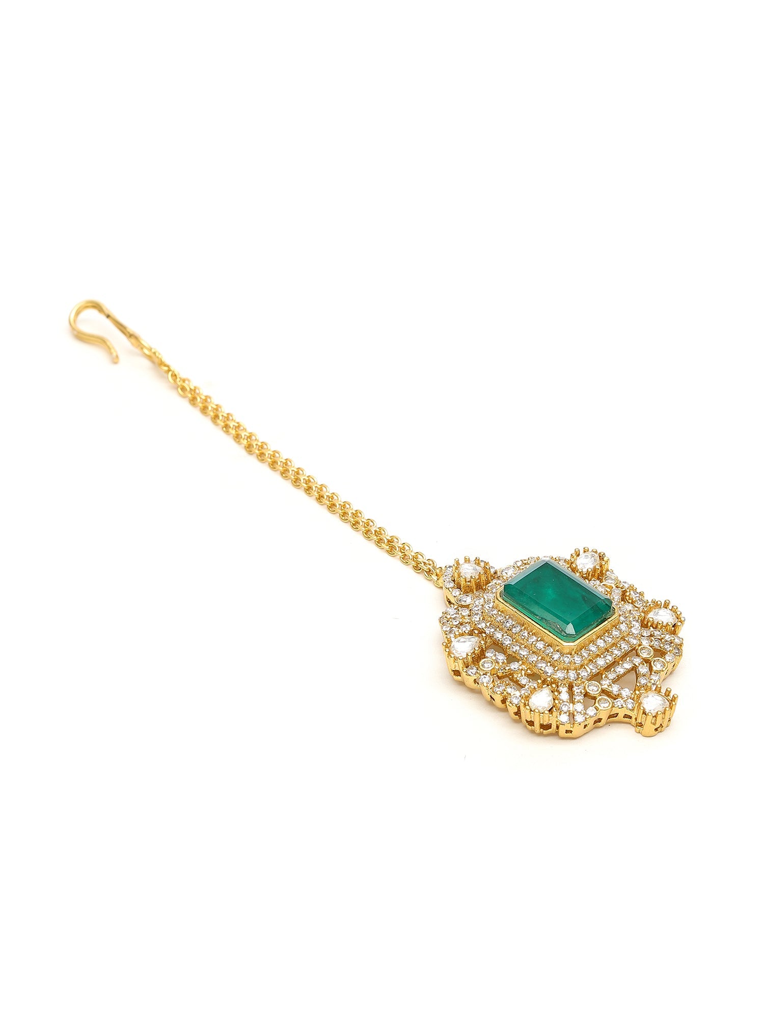 Kundan Maang Tikka with Diamonds & Emerald Stone - Ruby Raang
