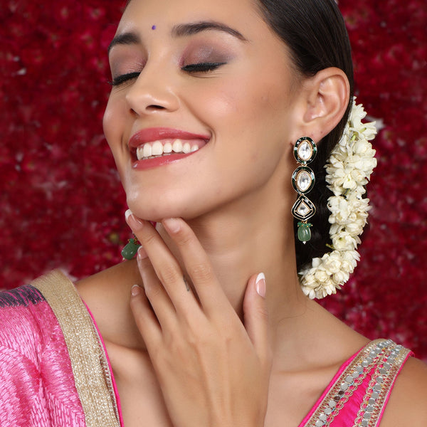 Long Meenakari Kundan Earrings with Emeralds - Ruby Raang - Distacart