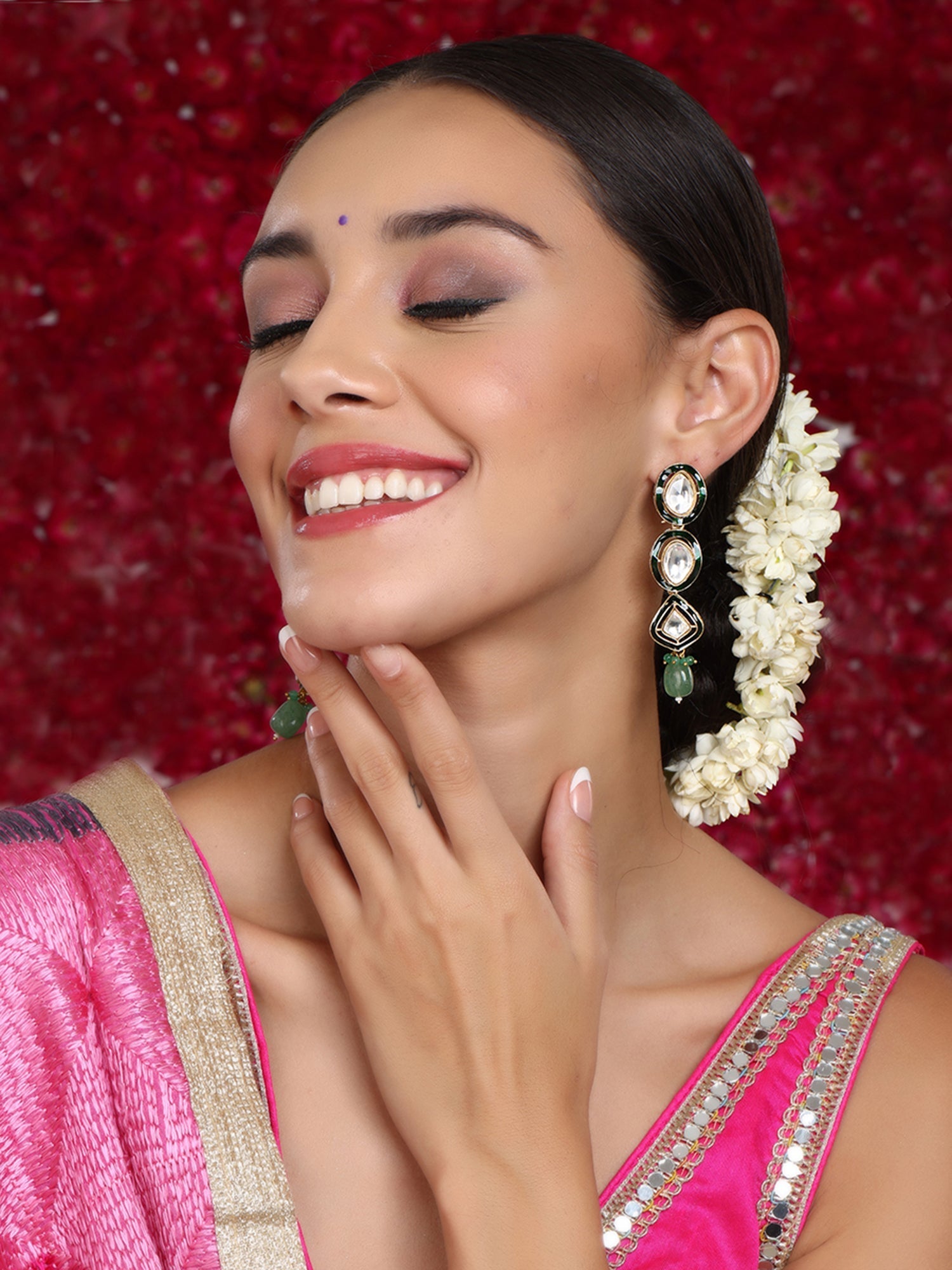 Long Meenakari Kundan Earrings with Emeralds - Ruby Raang - Distacart