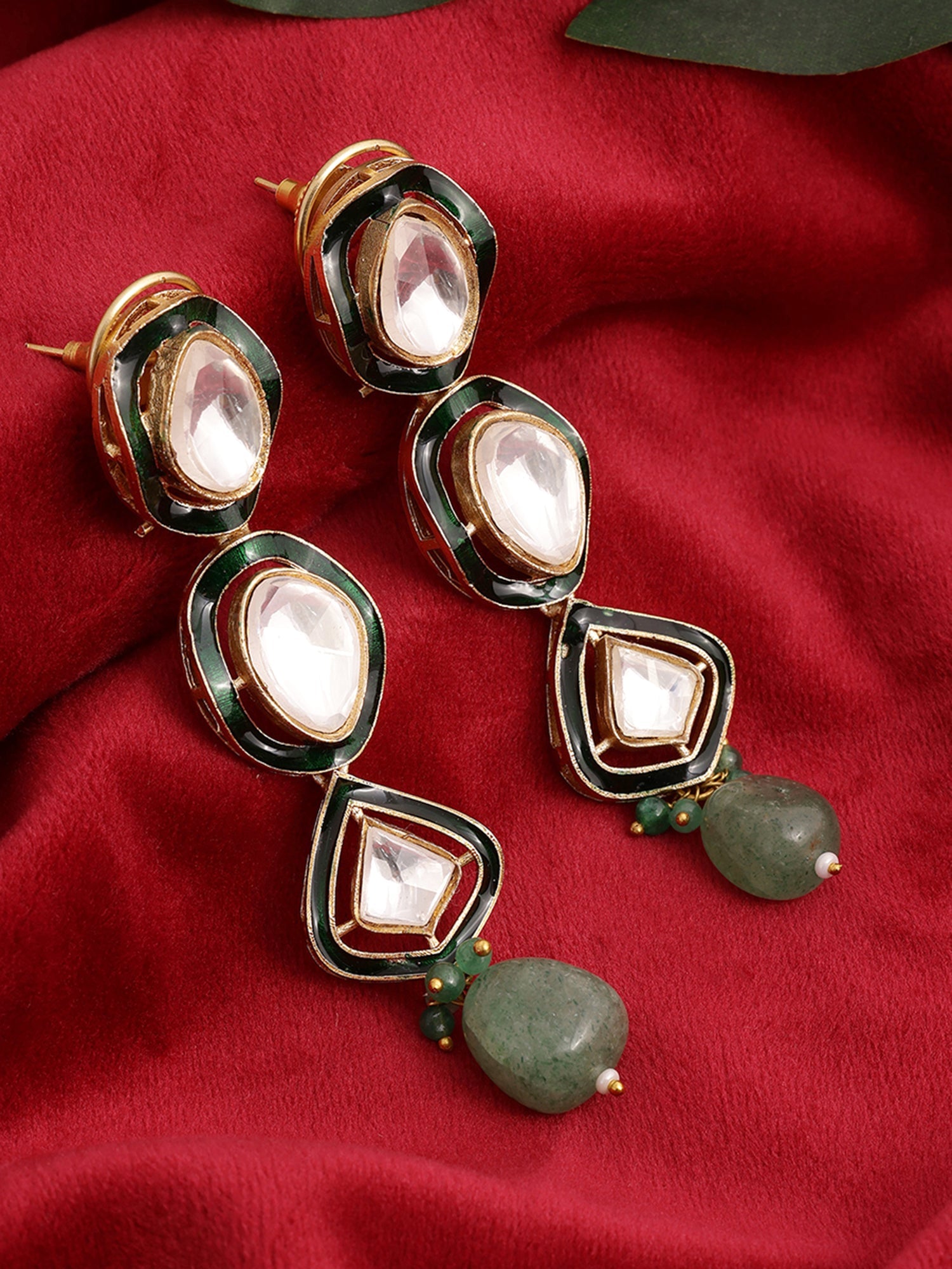 Long Meenakari Kundan Earrings with Emeralds - Ruby Raang - Distacart
