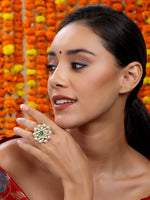 Thumbnail for Oversized Round Cocktail Kundan Ring - Ruby Raang